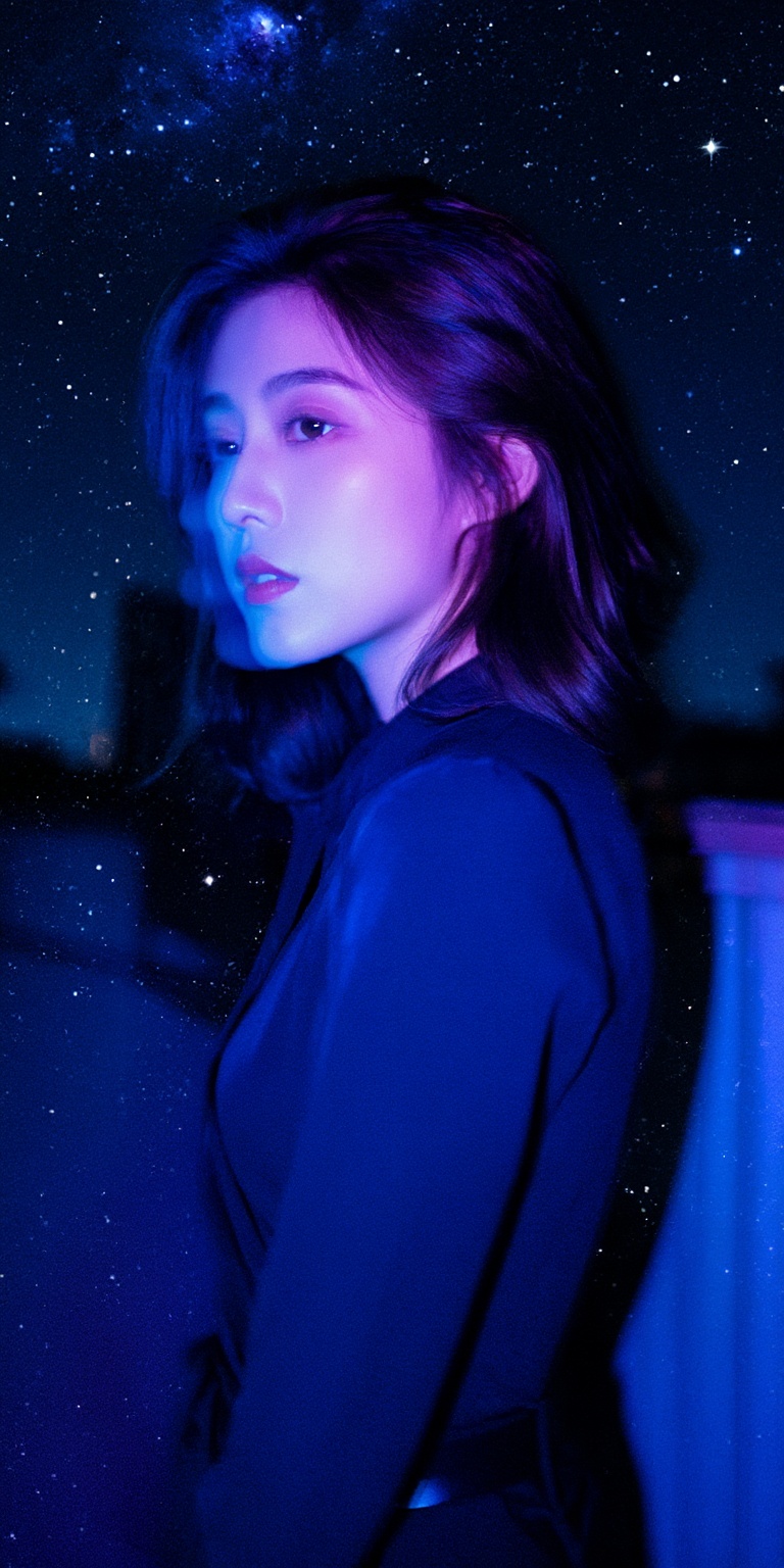 A cinematic color portrait inspired by noir pacing and astrophotography aesthetics,  capturing a woman as the central figu...