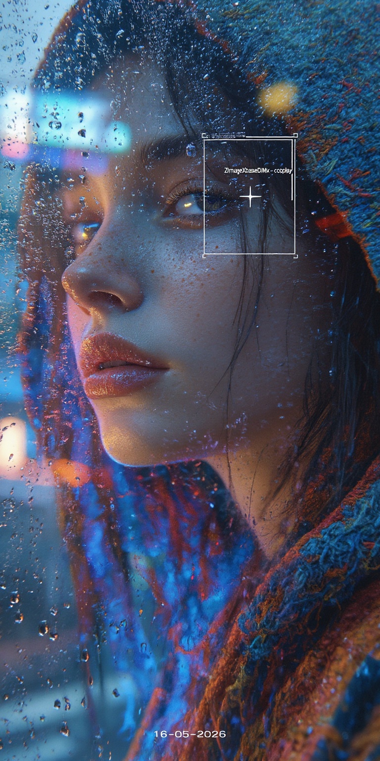 An ultra-high detail neo-noir portrait with a strong “glass vibe” aesthetic,  showing a young woman partially obscured beh...