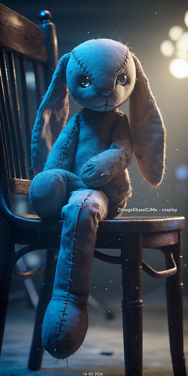 A hyper-realistic plush toy portrait photographed in a cinematic color-noir aesthetic,  featuring a melancholic plush rabb...