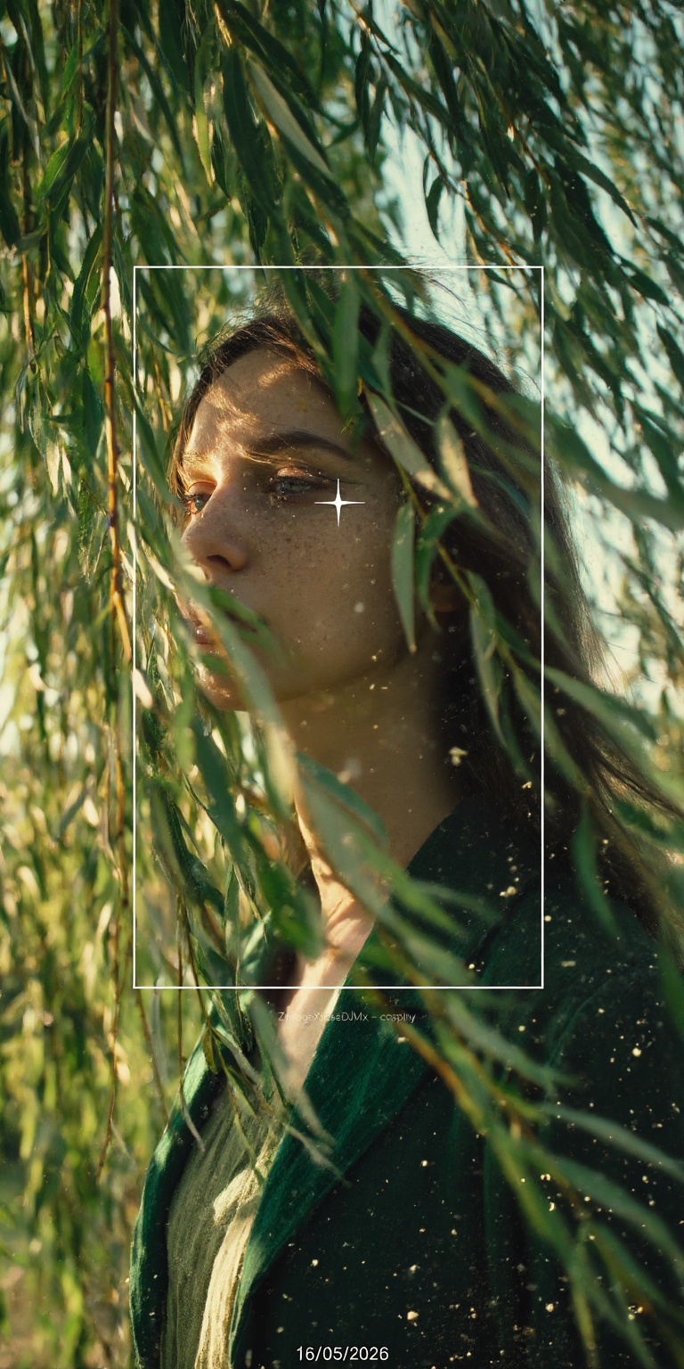 A deeply atmospheric color-cinematic portrait set beneath ancient willow trees,  rendered in ultra-high detail with lush n...