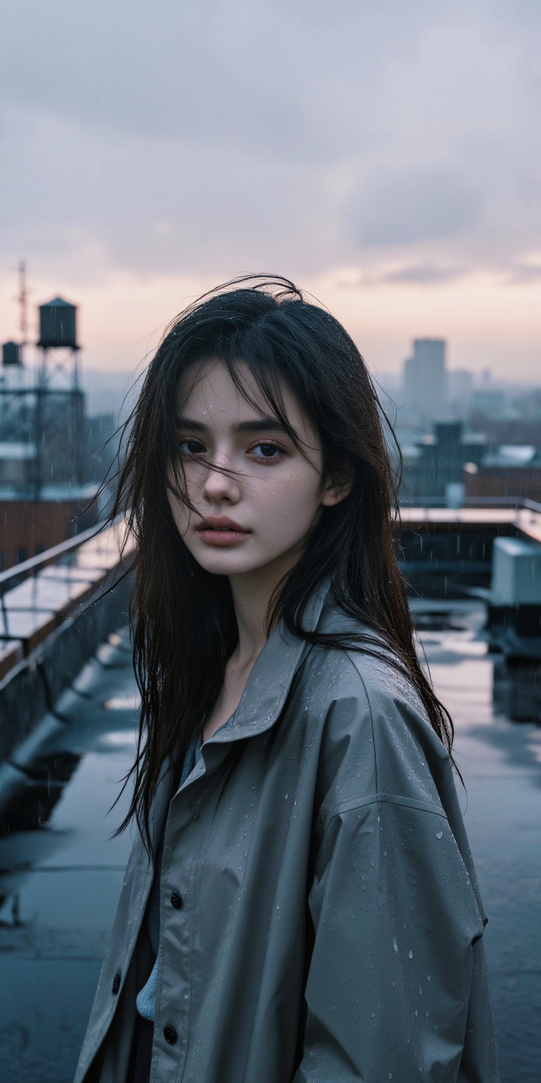A realistic environmental portrait of a young woman standing on a rain-soaked city rooftop at dawn,  captured in cinematic...