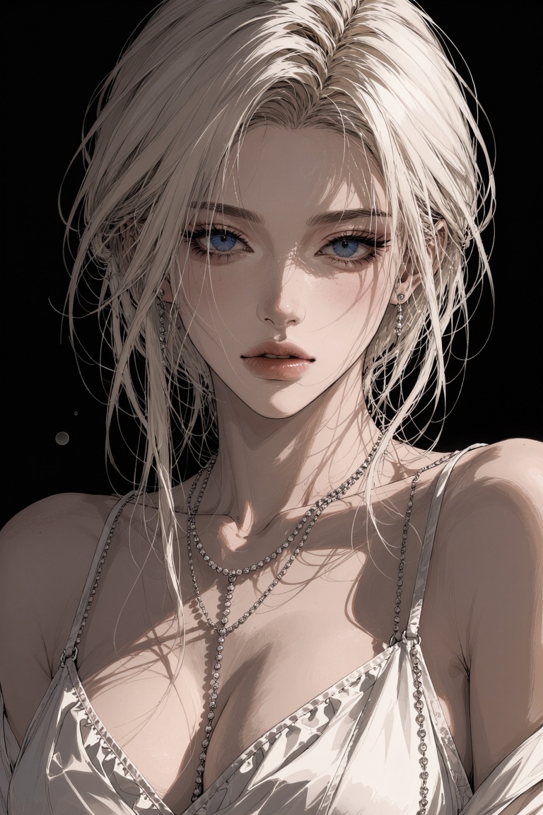 A close-up,  sunlit portrait of a gorgeous young woman looking directly at the viewer. She has tousled platinum blonde hai...