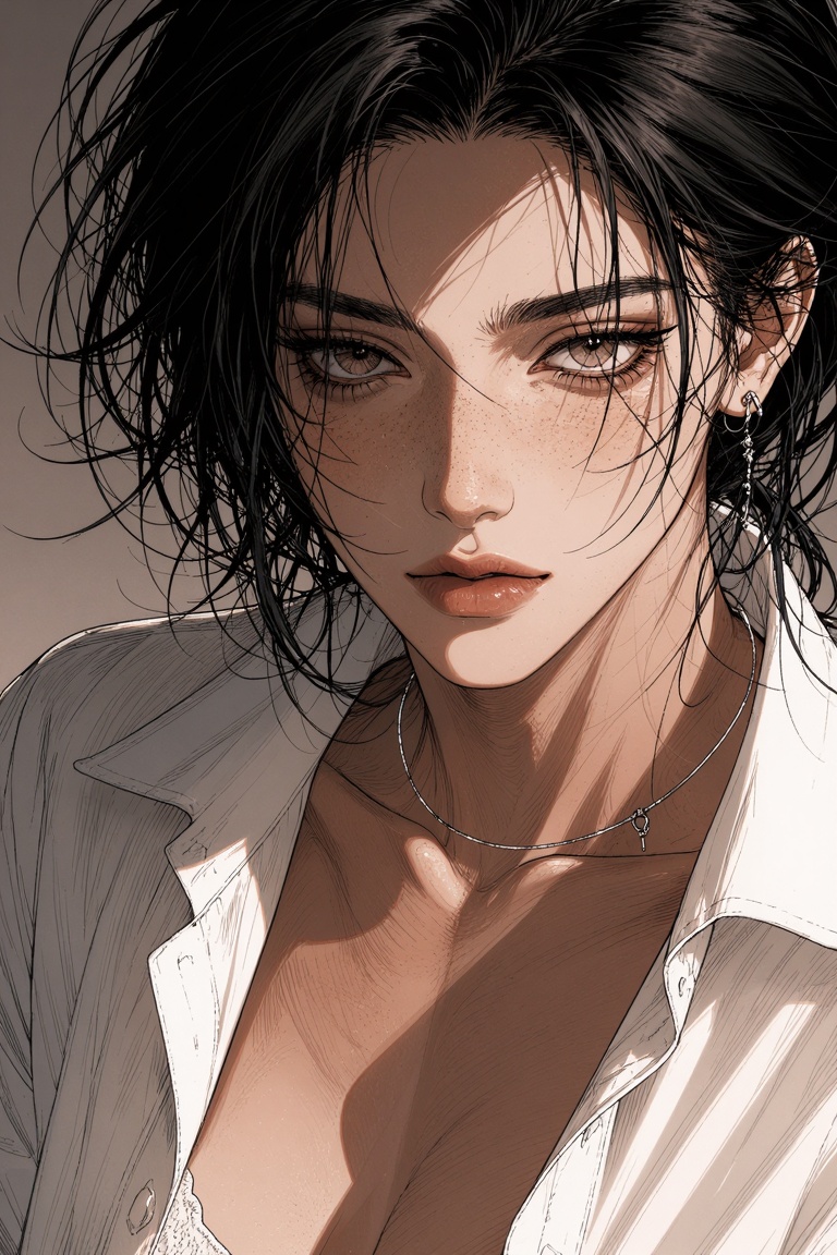 A close-up,  sunlit portrait of a breathtaking young woman looking directly at the viewer. She has messy,  jet-black hair...