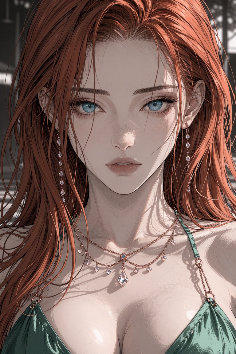 A close-up,  sunlit portrait of a captivating young woman looking directly at the viewer. She has flowing copper red wet-l...