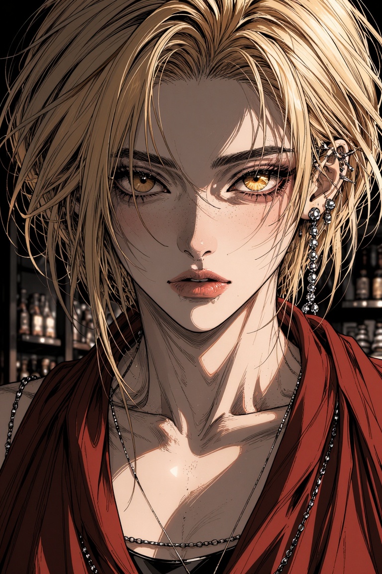 A close-up,  sunlit portrait of an alluring young woman looking directly at the viewer. She has tousled,  sun-kissed blond...