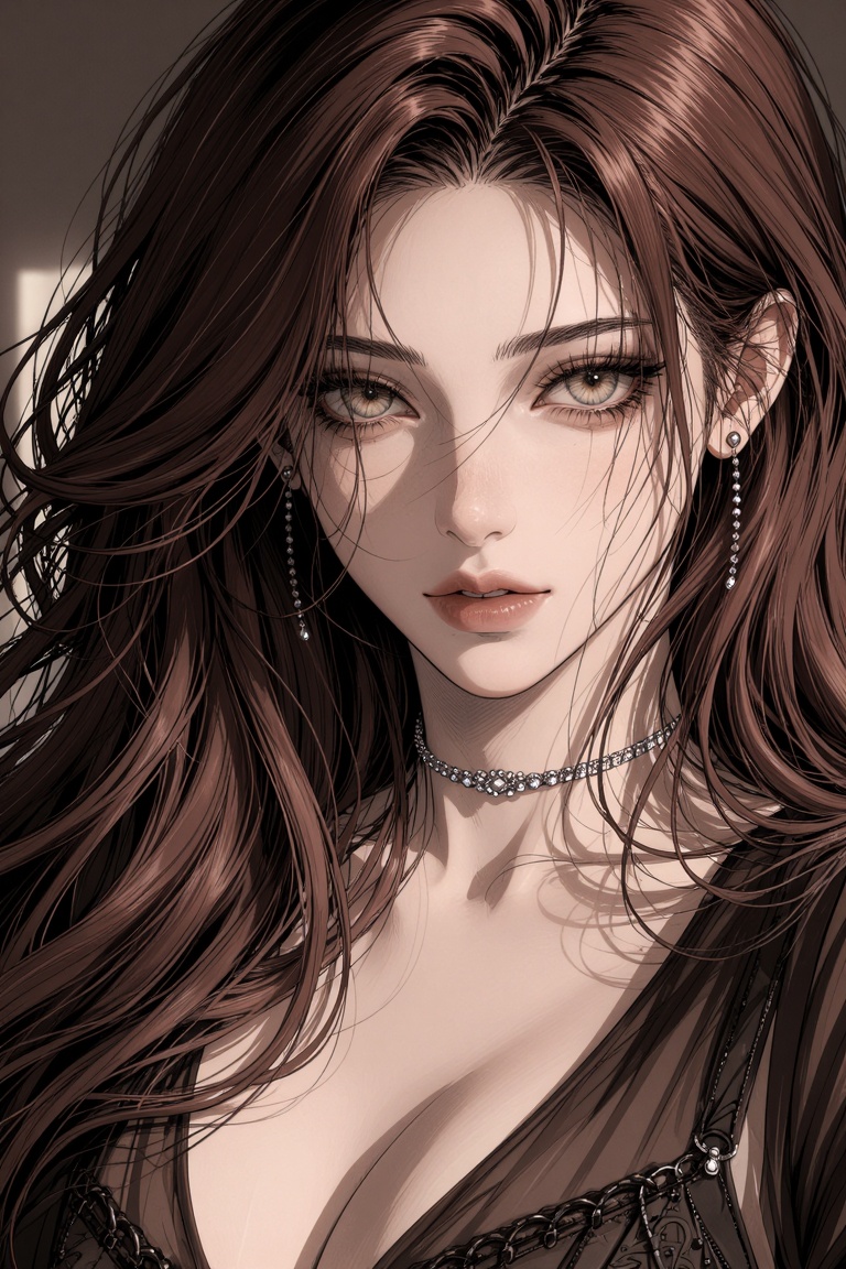 A close-up,  sunlit portrait of an enchanting young woman looking directly at the viewer. She has dark wavy chestnut hair...