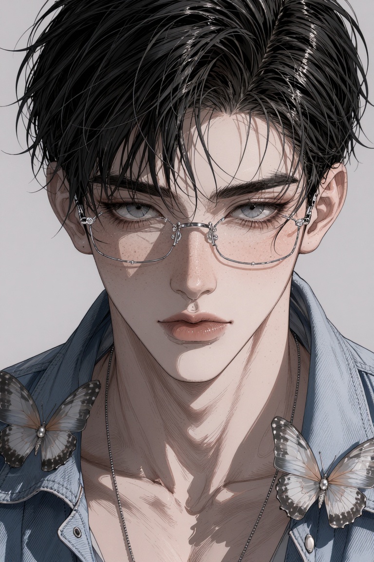 A close-up,  sunlit portrait of a young man looking directly at the viewer. He has dark,  messy on Tensor.Art