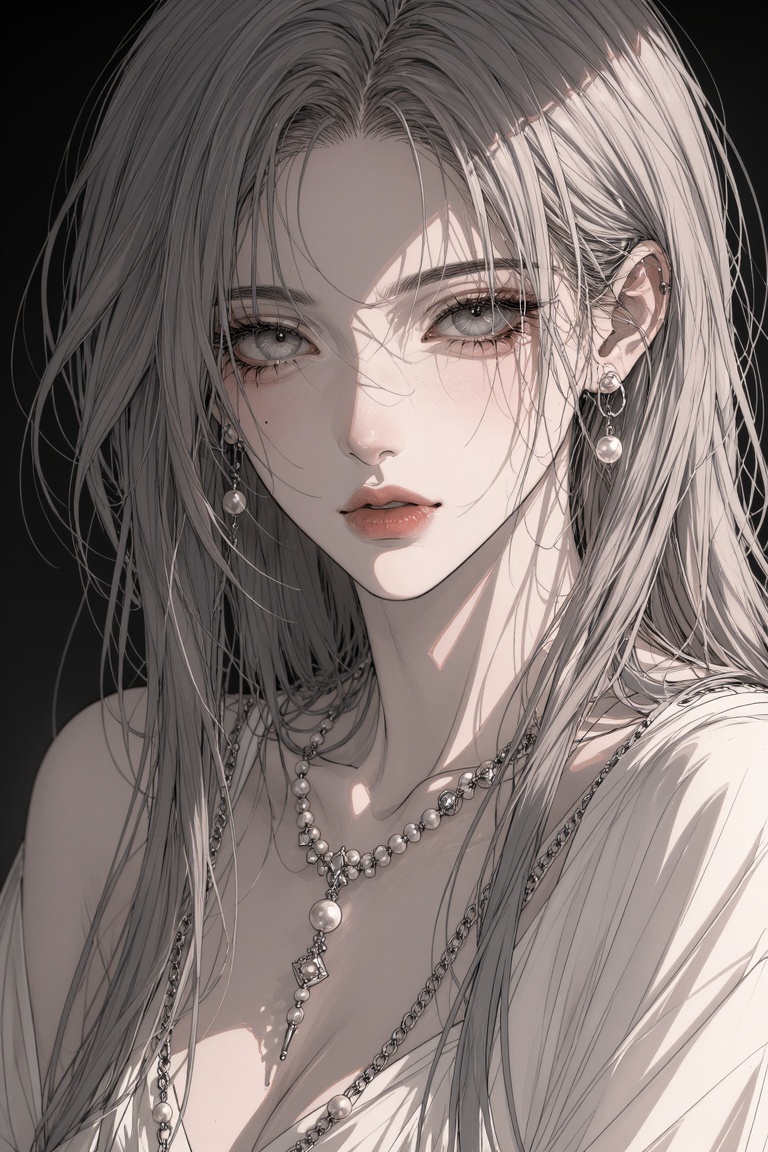 A close-up,  sunlit portrait of a stunningly beautiful young woman looking directly at the viewer. She has messy silver-gr...