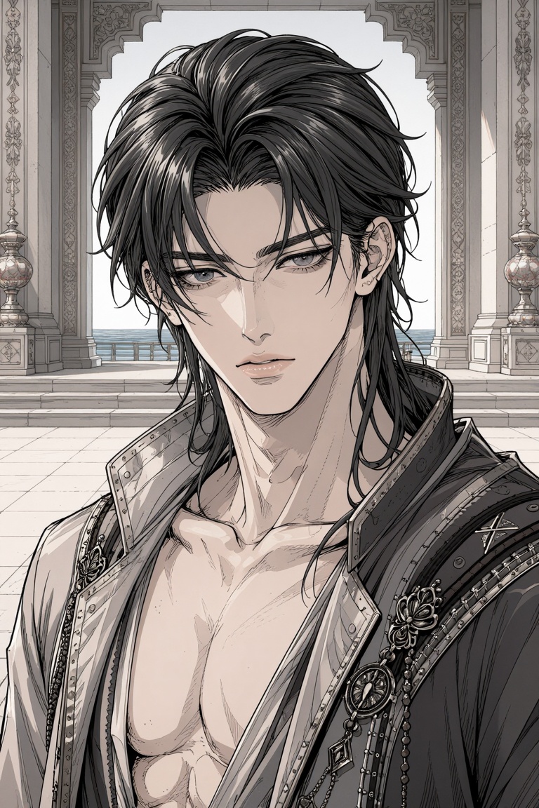 Reference image style. Generate a NEW character: a strikingly handsome young East Asian sea prince in his mid-twenties,  r...