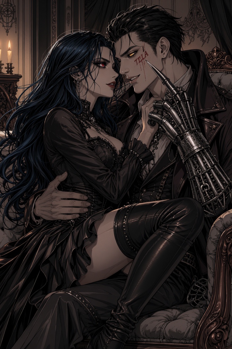 Highly detailed cinematic digital painting in a dark gothic-steampunk style with dramatic chiaroscuro lighting,  golden me...