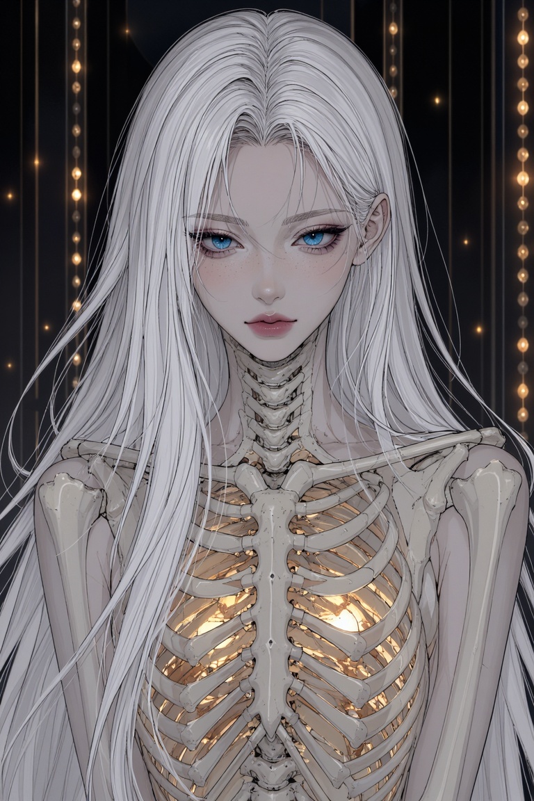 A breathtakingly beautiful young girl with long,  flowing platinum-white hair and piercing blue eyes,  her face adorned wi...