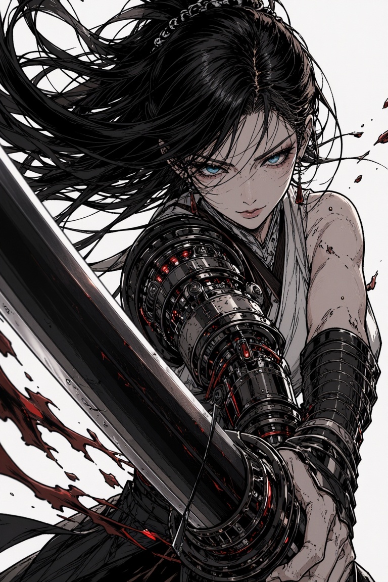 dynamic low-angle close-up portrait of a fierce female cyber-samurai warrior mid-swing,  captured in frozen motion as she...