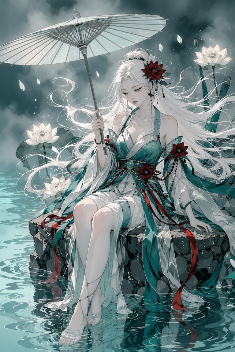 full-body composition of a serene woman with flowing white hair seated gracefully in shallow,  rippling water. She holds a...