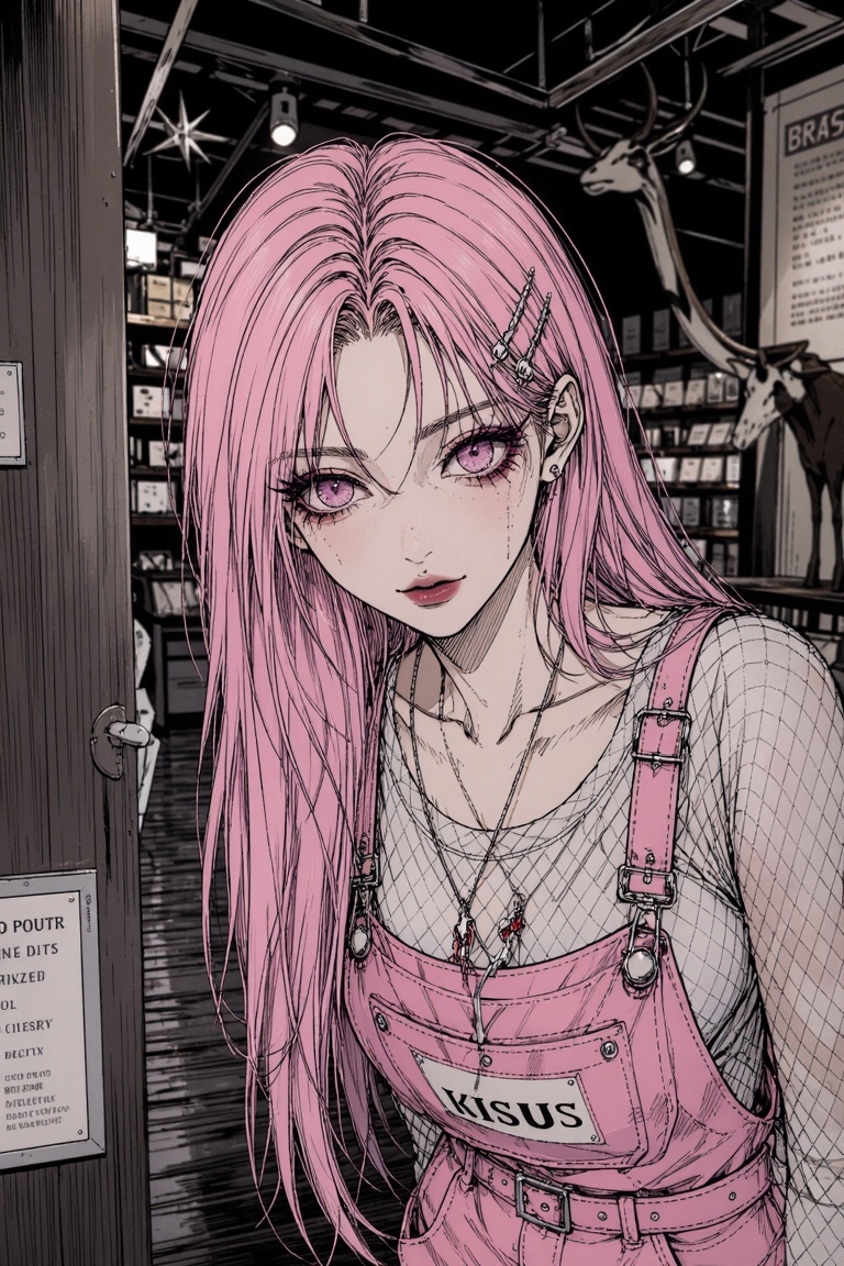 A beautiful albino asian female with (((extra large pink eyes))),  ((all pink hair,  bangs)) on Tensor.Art