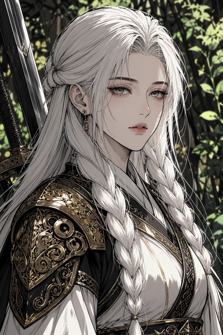 Close-up portrait of a female warrior with long,  braided platinum white hair standing in a sun-dappled forest. She wears...