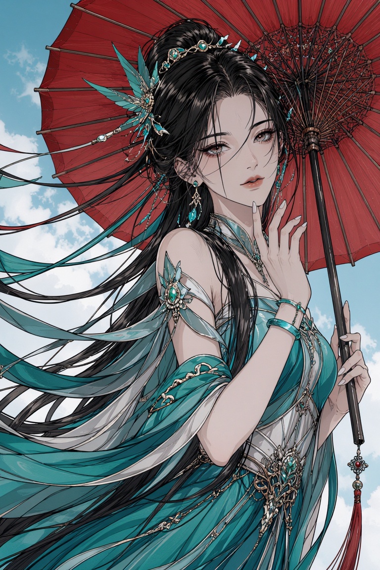 upper-body portrait of an elegant woman holding a large traditional red paper parasol,  gazing softly at the viewer with o...