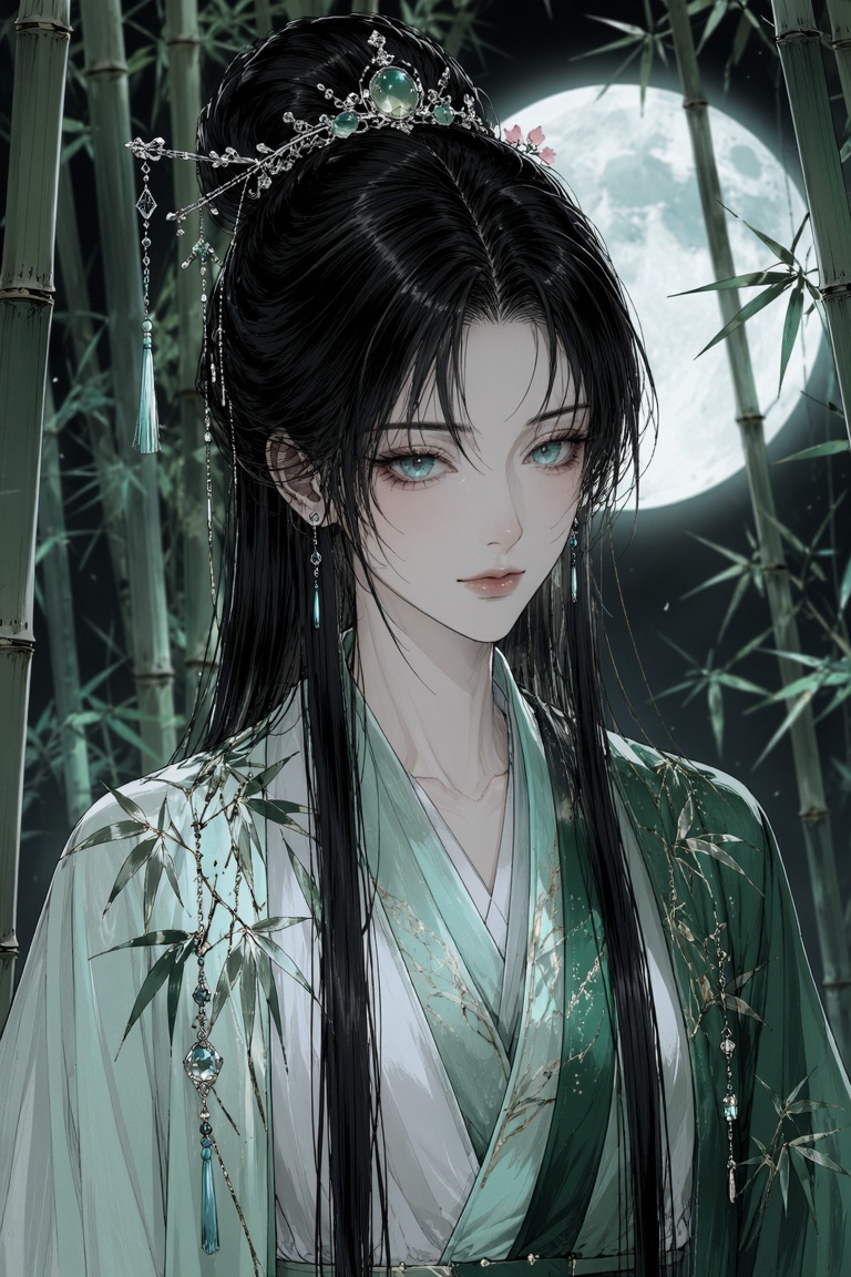 medium close-up portrait of a graceful woman with porcelain skin and luminous teal eyes,  wearing traditional layered robe...