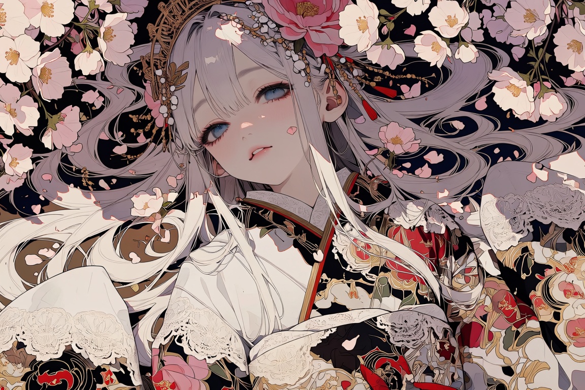 The image depicts a beautifully illustrated character surrounded by cherry blossoms. The character has long,  flowing whit...