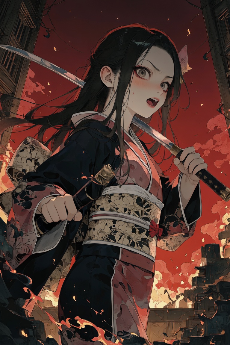 Create a powerful and intense scene featuring Nezuko Kamado in a traditional Japanese kimono,  wielding a sword with deter...