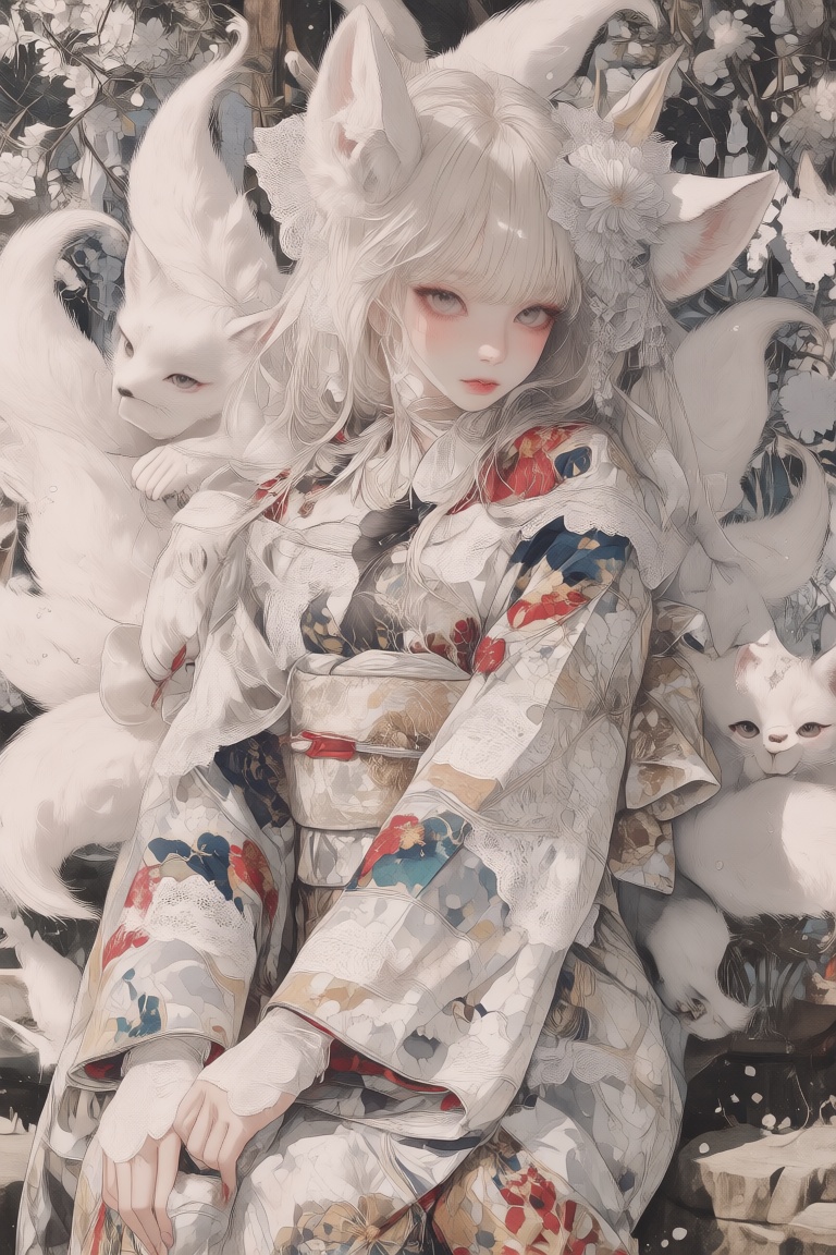 Create a kawaii painting featuring a cute girl with nine fox tails and fox ears. The scene should have a traditional Japan...