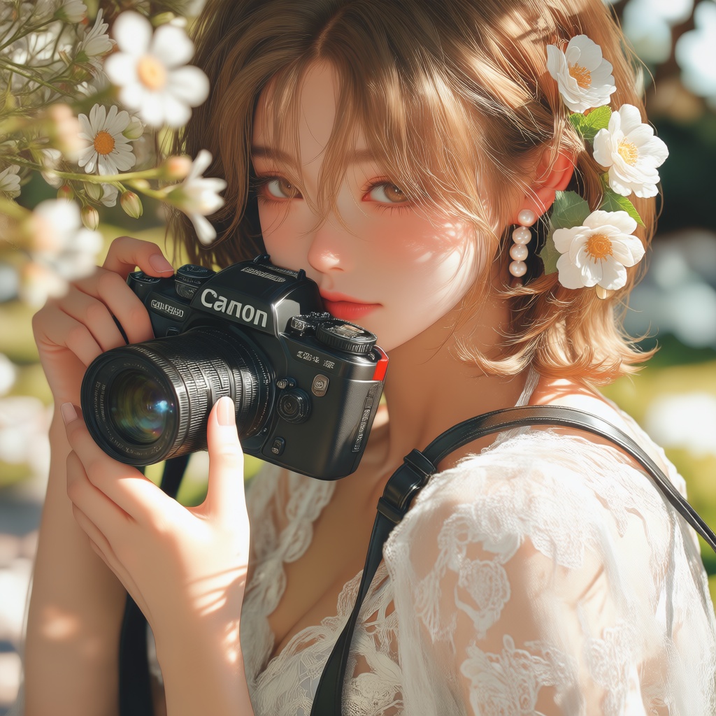 The image depicts a close-up of a person taking a photograph. The individual is holding a Canon DSLR camera,  with the len...