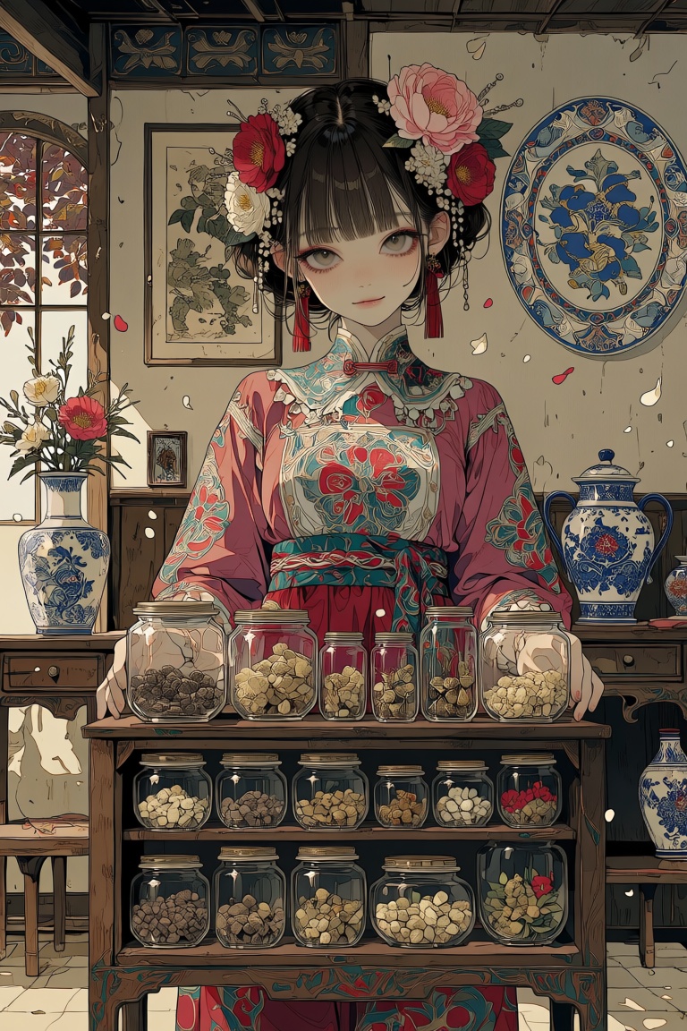 The image depicts a young woman dressed in traditional attire,  standing in front of a wooden cabinet filled with glass ja...