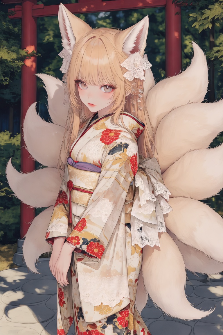 Create a kawaii painting featuring a cute girl with nine fox tails and fox ears. The scene should have a traditional Japan...