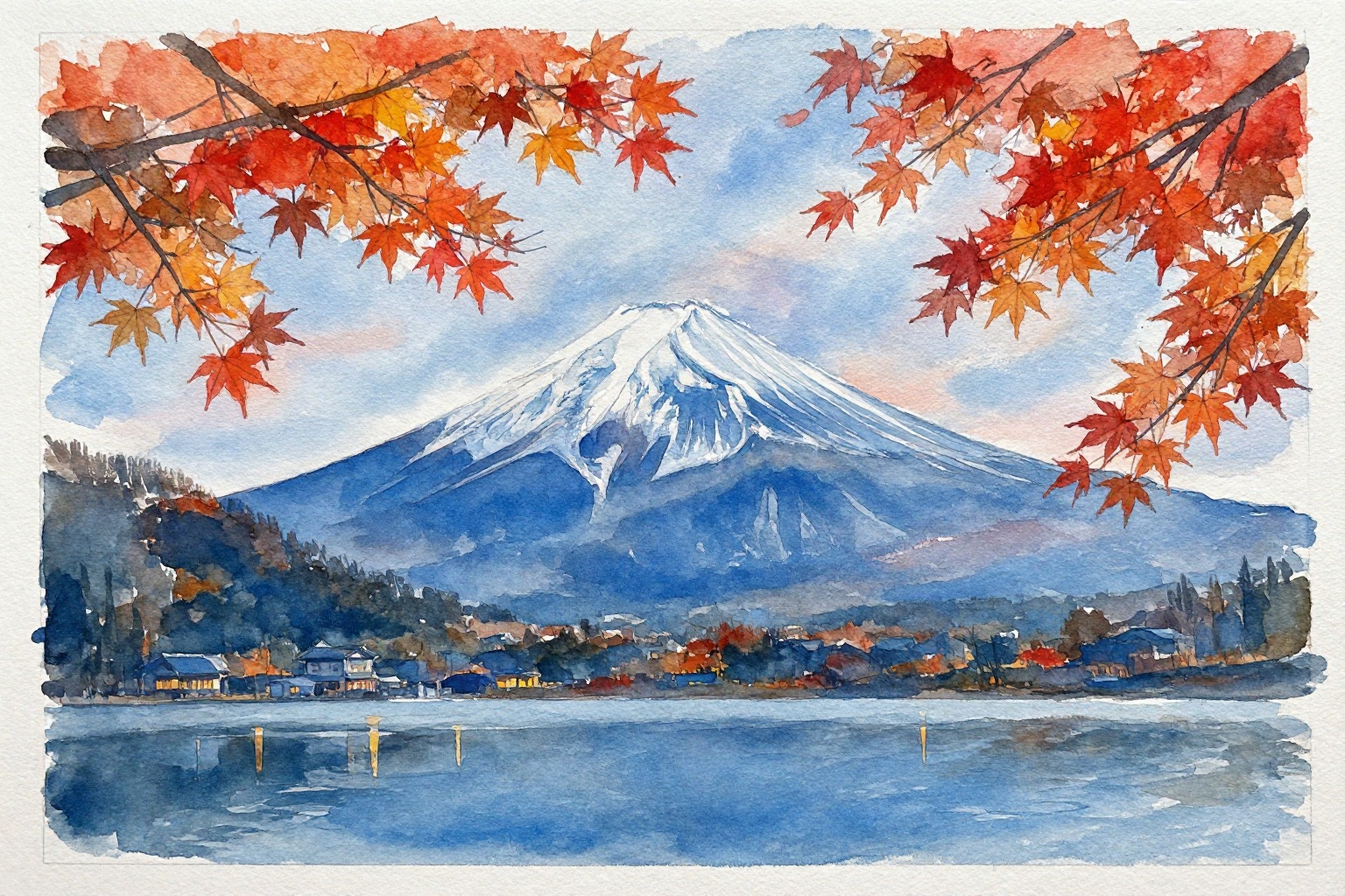 This watercolor painting depicts a majestic snow-capped Mount Fuji dominates the background,  its peak piercing a twilight...
