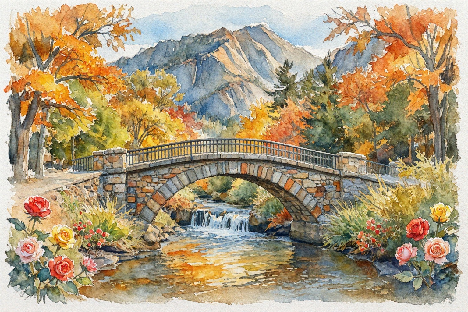 This watercolor painting depicts a picturesque landscape scene featuring a stone arched bridge spanning a gentle stream wi...