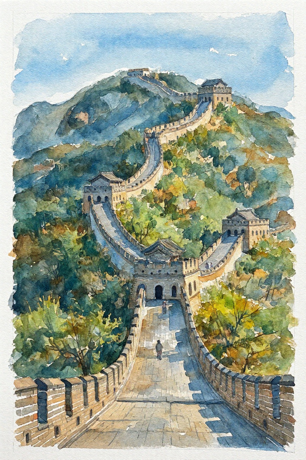 This watercolor painting depicts a majestic section of the Great Wall of China winds along a lush,  green mountainous land...