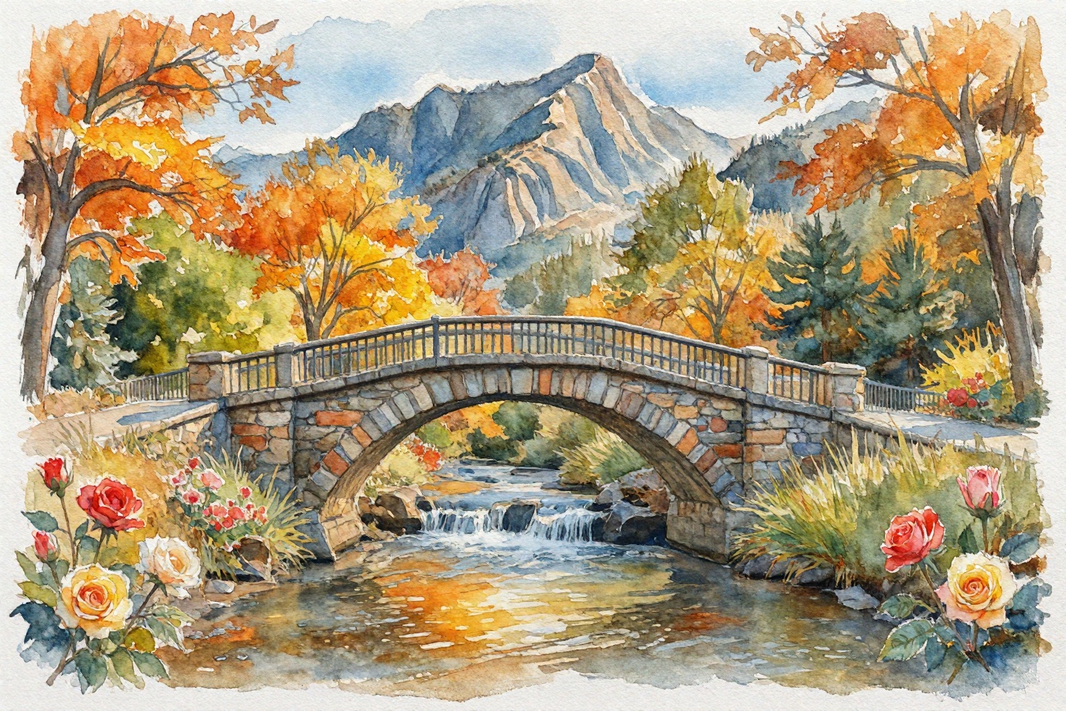This watercolor painting depicts a picturesque landscape scene featuring a stone arched bridge spanning a gentle stream wi...