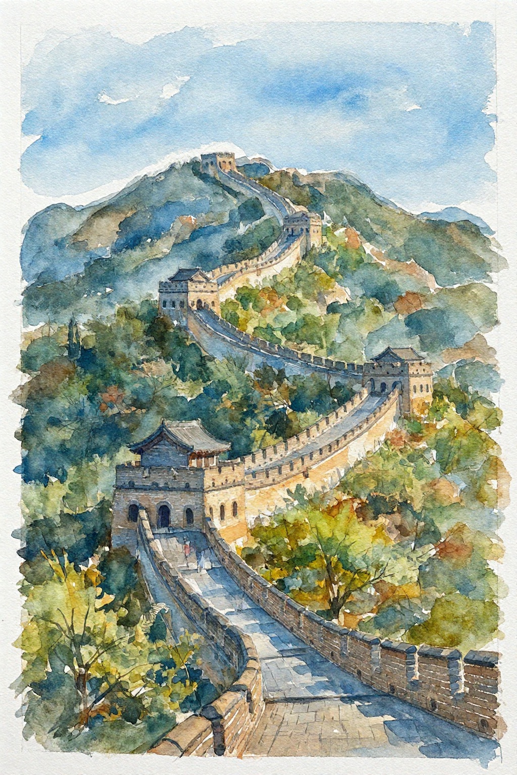 This watercolor painting depicts a majestic section of the Great Wall of China winds along a lush,  green mountainous land...