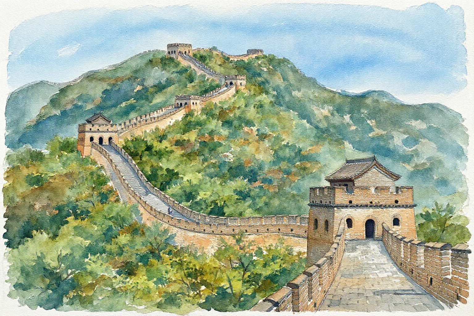 This watercolor painting depicts a majestic section of the Great Wall of China winds along a lush,  green mountainous land...