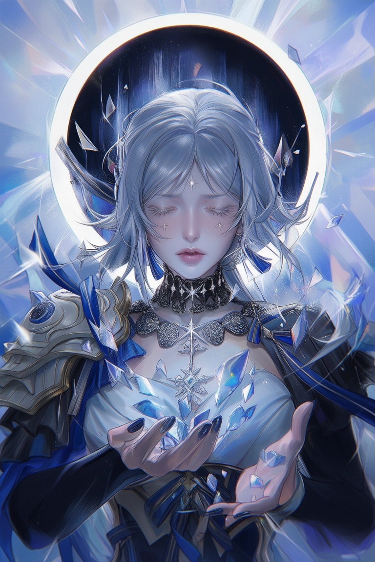 ji11y,  1girl,  silver-haired moon attendant in layered ceremonial armor and silk ribbons on Tensor.Art