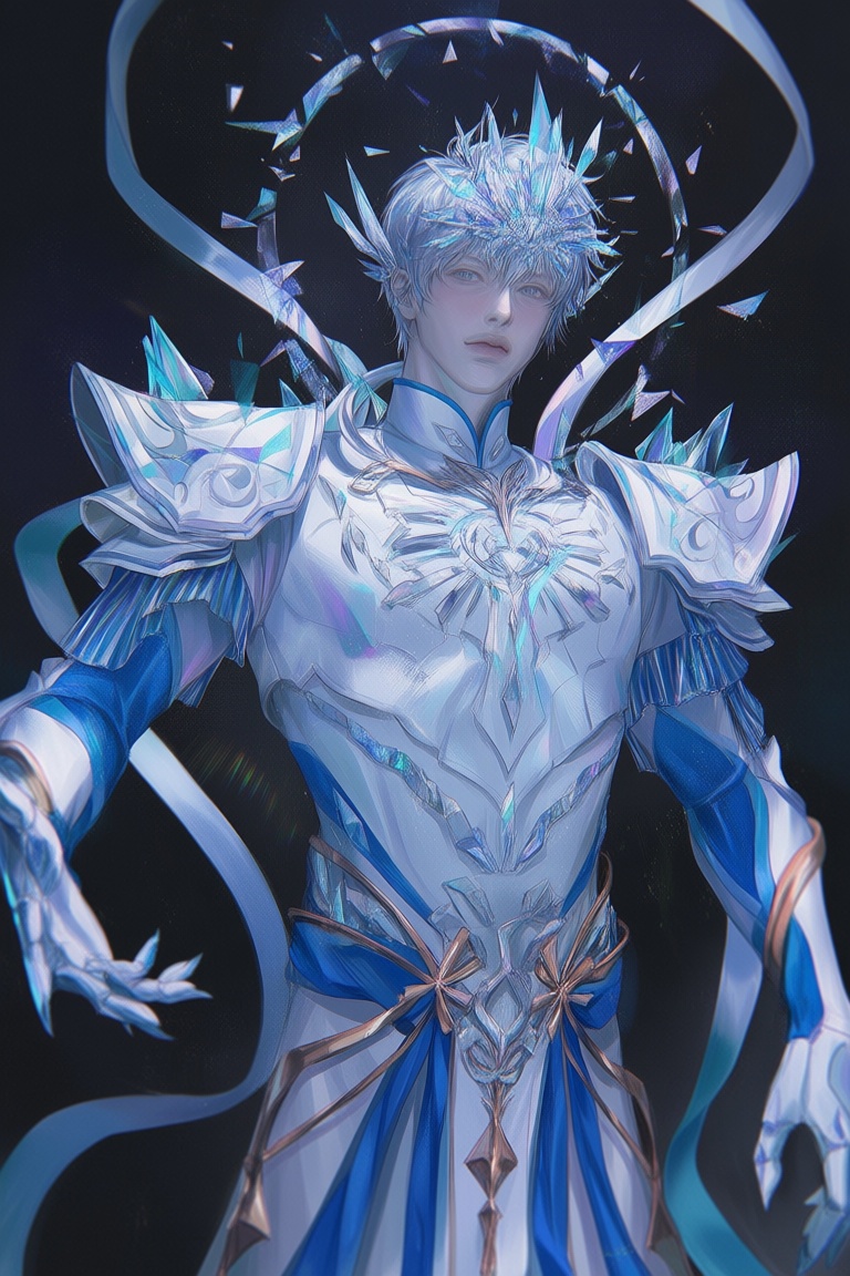 ji11y,  1boy,  celestial duelist wrapped in white-blue armor with long ribbon tails on Tensor.Art
