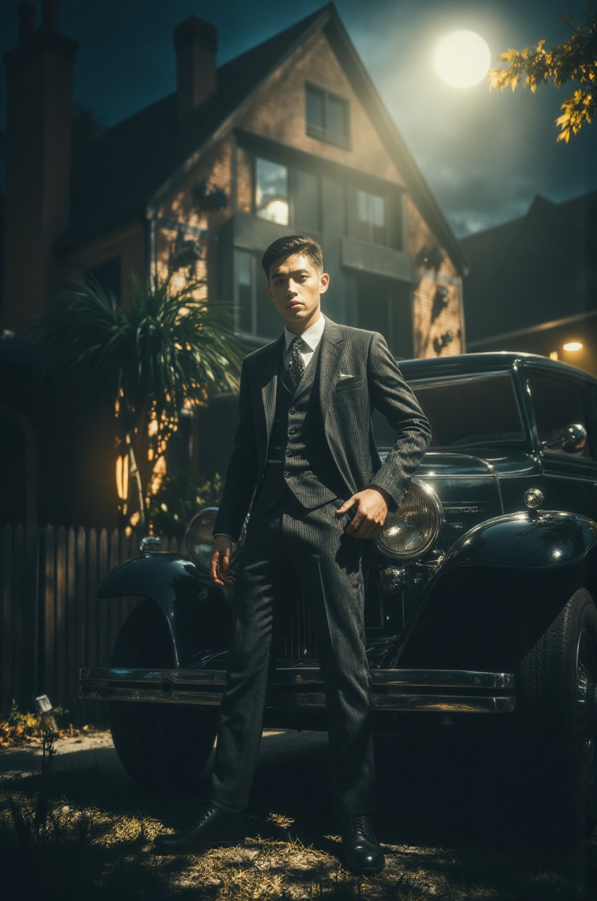 Extreme low-angle hero shot of a gentleman with a neat 1920s slicked-back undercut,  wearing a tailored three-piece pinstr...