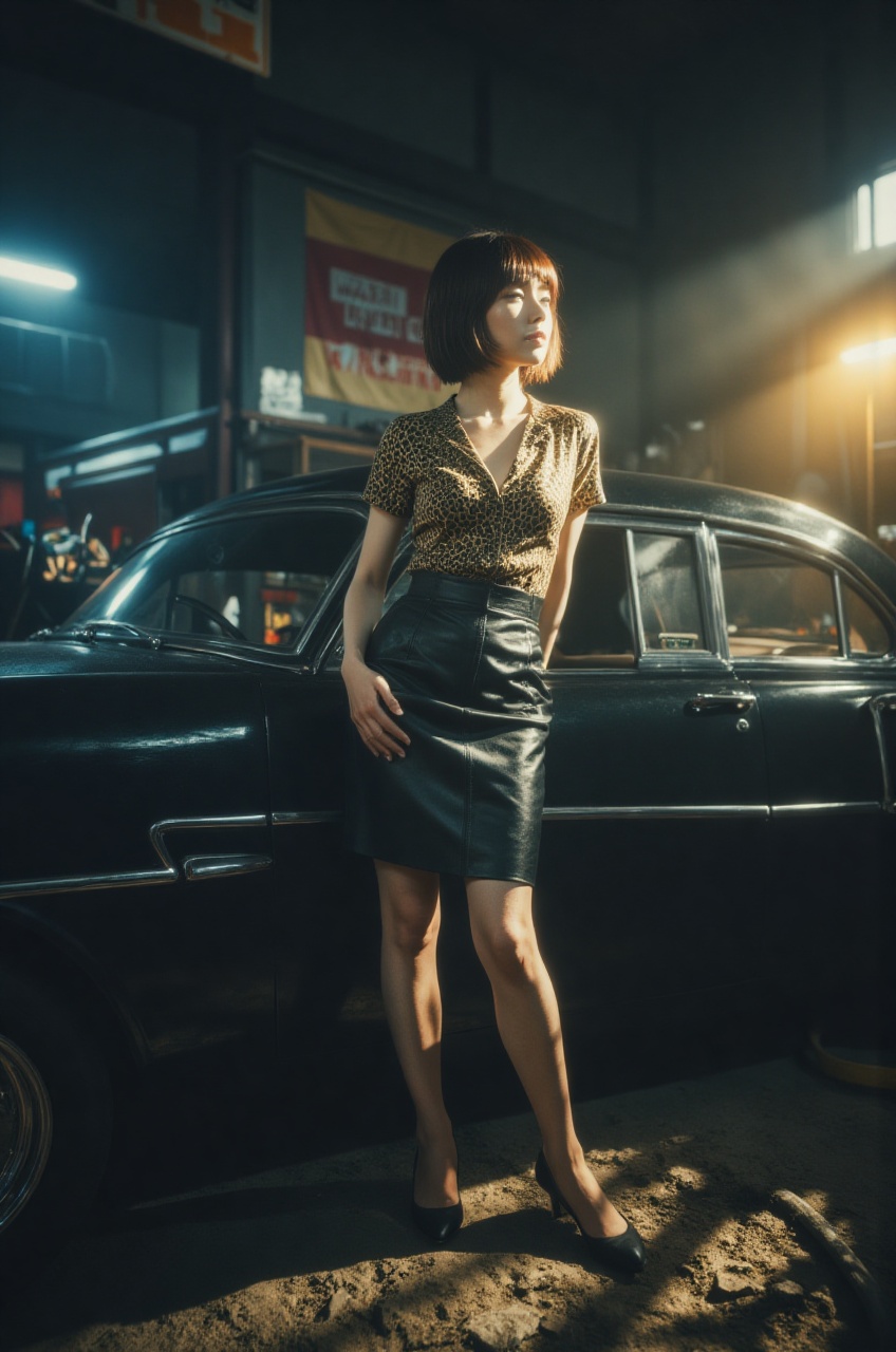 Intense low-angle hero shot of a woman with a sharp 1950s Bettie Page pin-up bangs hairstyle,  wearing a black leather pen...