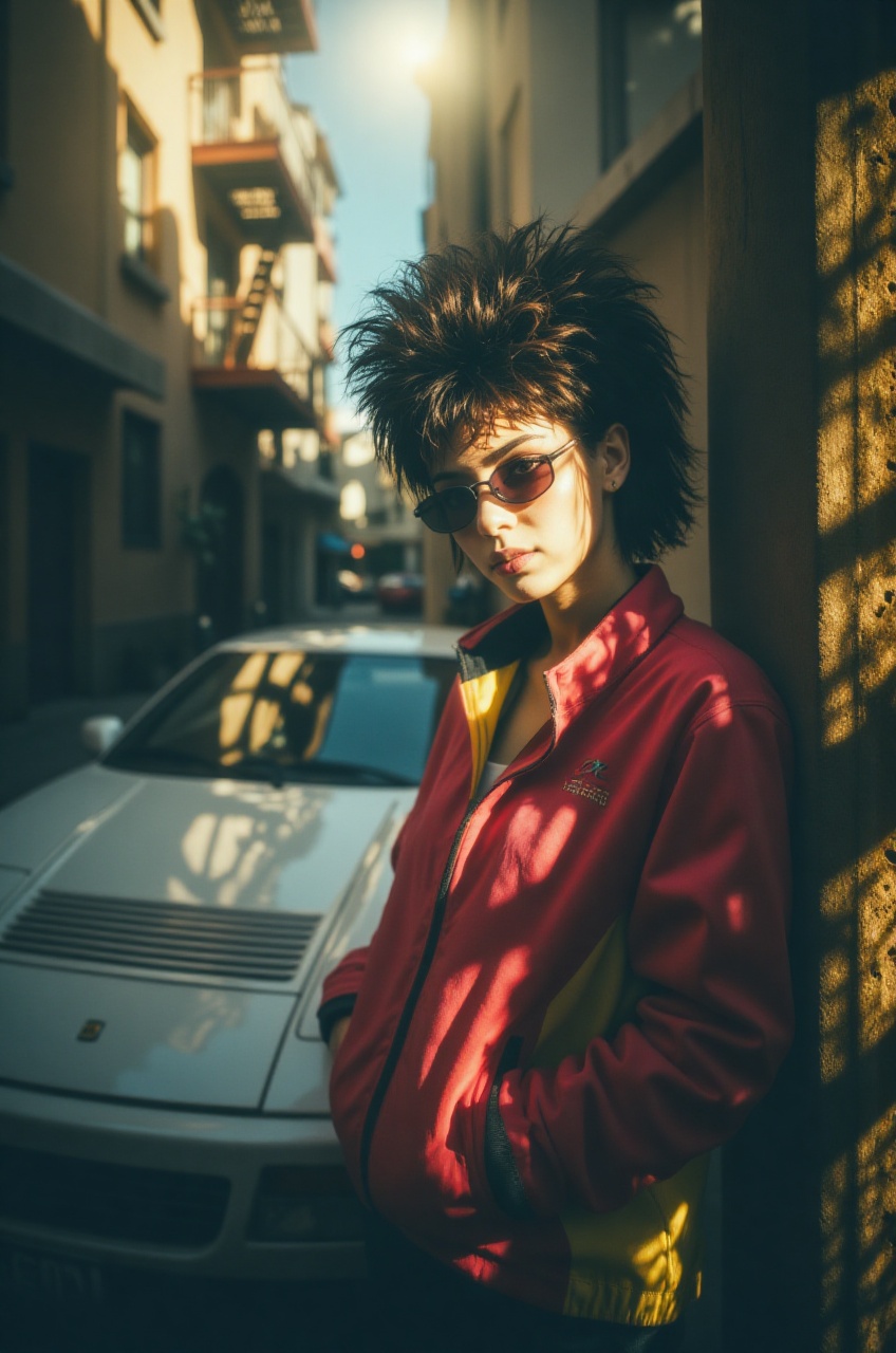 Dynamic close-up Dutch angle shot focusing on a woman with a bold 1980s permed blowout haircut,  wearing a neon-accented w...