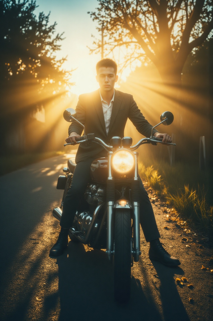 Cinematic wide-angle view from a low worm's-eye perspective of a man with a 1960s rugged mod crop haircut,  dressed in a s...