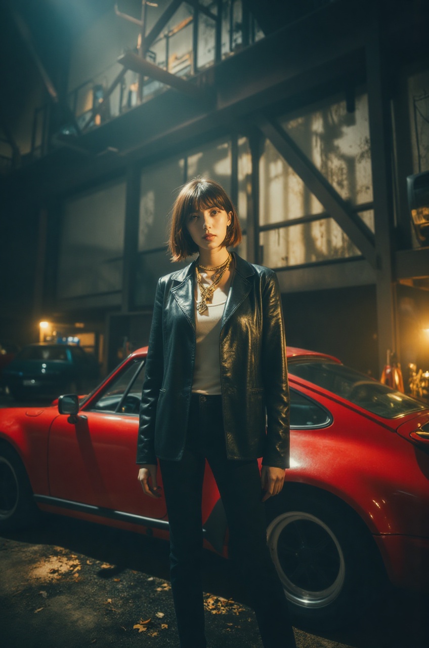 Cinematic ground-level wide-angle shot looking up at an elegant woman with a sleek 1980s asymmetrical bob haircut,  styled...