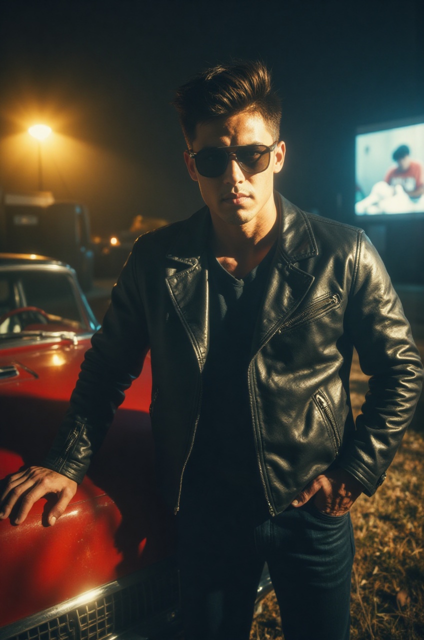 Dynamic close-up shot with a severe tilt focusing on a man with a 1950s greaser pompadour,  wearing a black leather motorc...