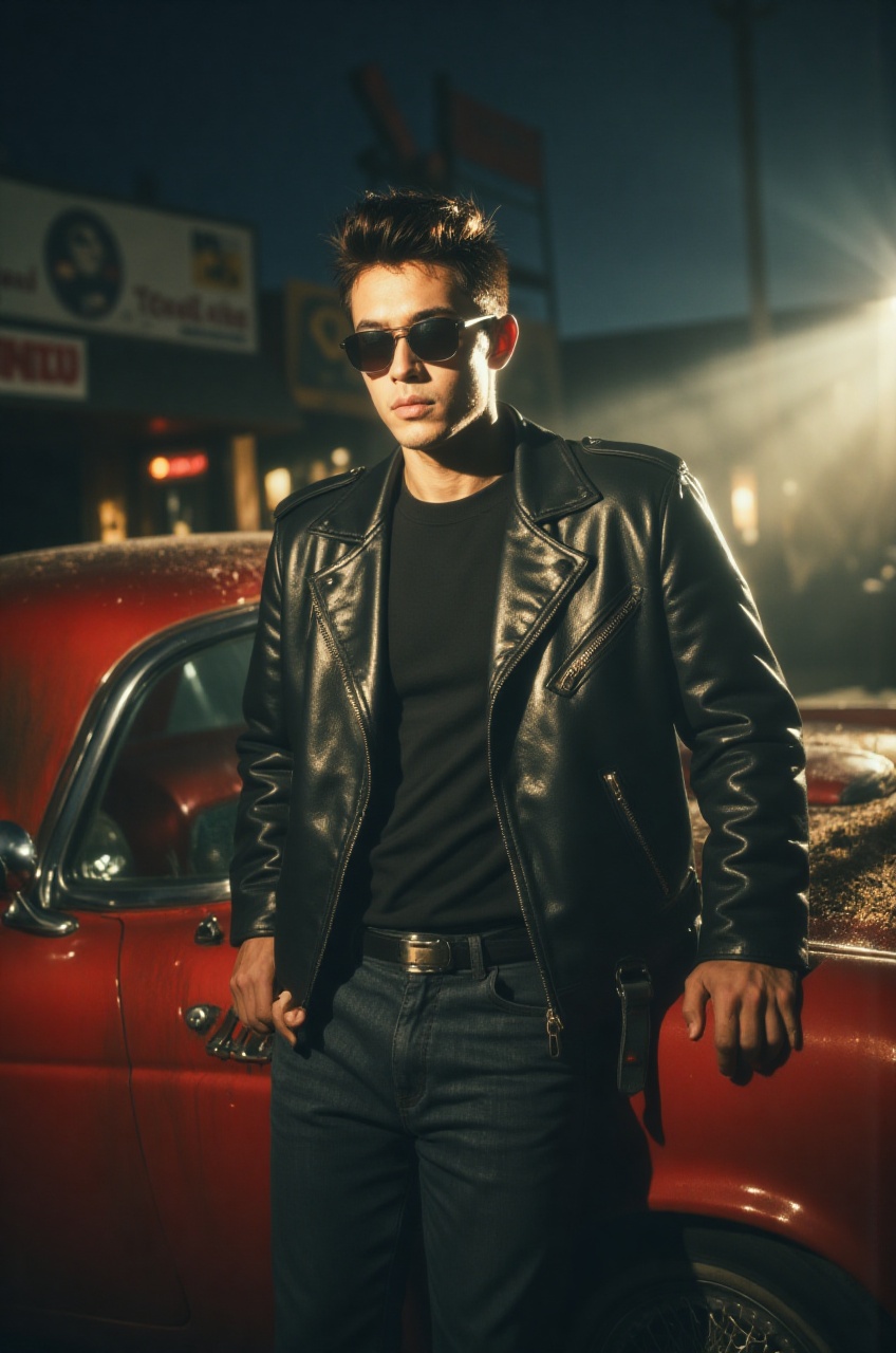Dynamic close-up shot with a severe tilt focusing on a man with a 1950s greaser pompadour,  wearing a black leather motorc...