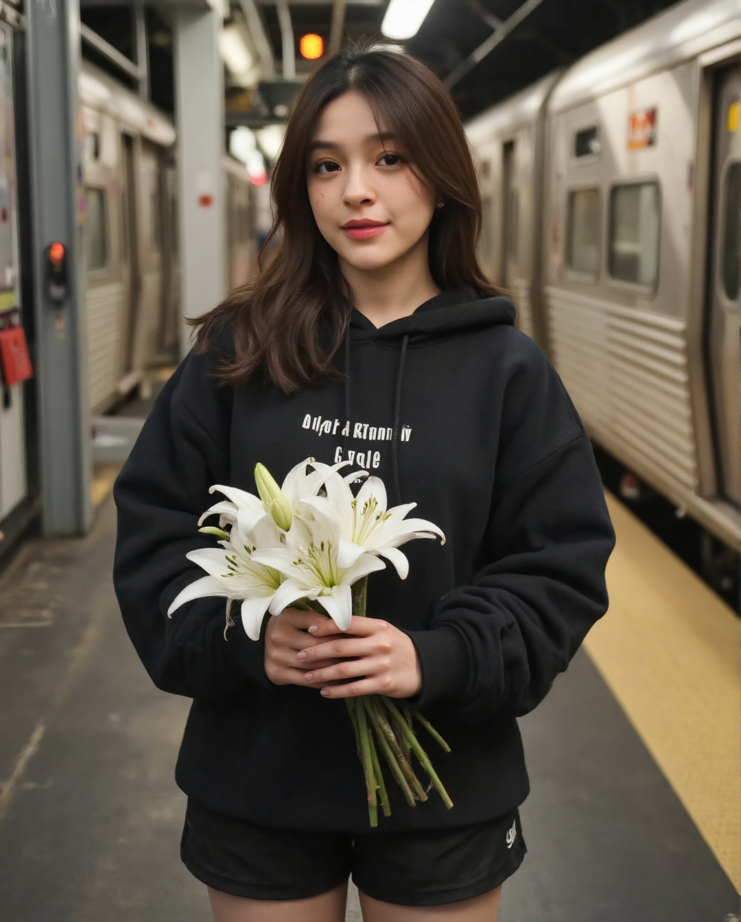 Create a realistic photoshoot for a woman styled in a messy flowing hair,  oversized black hoodie,  tight black gym shorts...