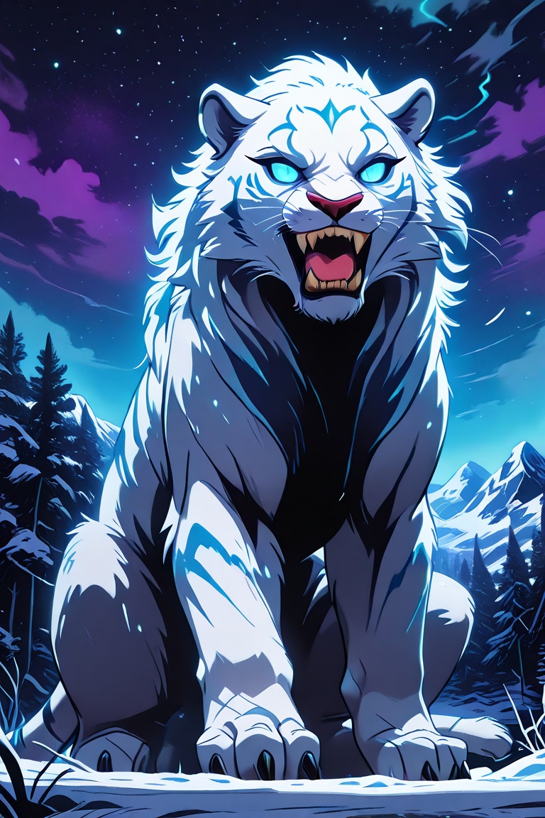 Create a vivid image of an ice tiger,  a majestic white tiger with piercing blue eyes that seem to hold a flame of fire. T...
