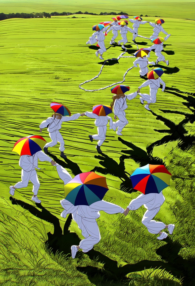 @synswt,  In a sprawling meadow of vibrant emerald green,  a group of youths with slender on Tensor.Art