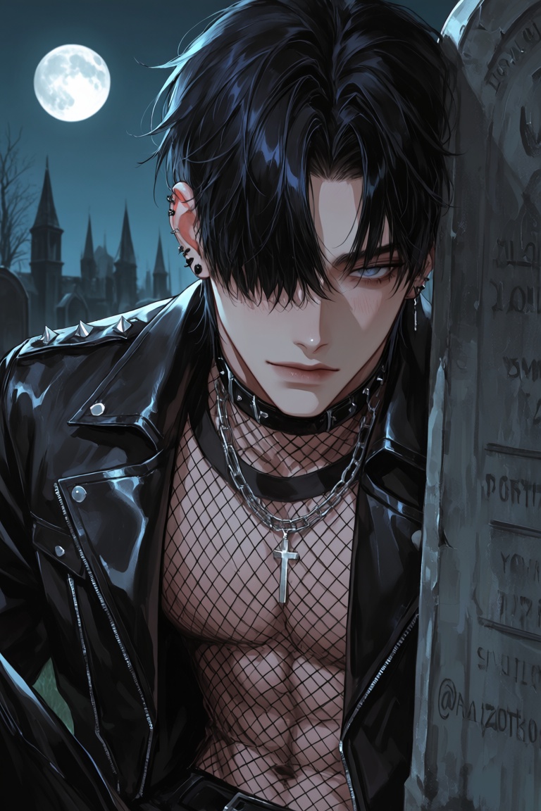 1boy,  solo,  masterpiece Pale emo male with jet-black fringe covering one eye on Tensor.Art