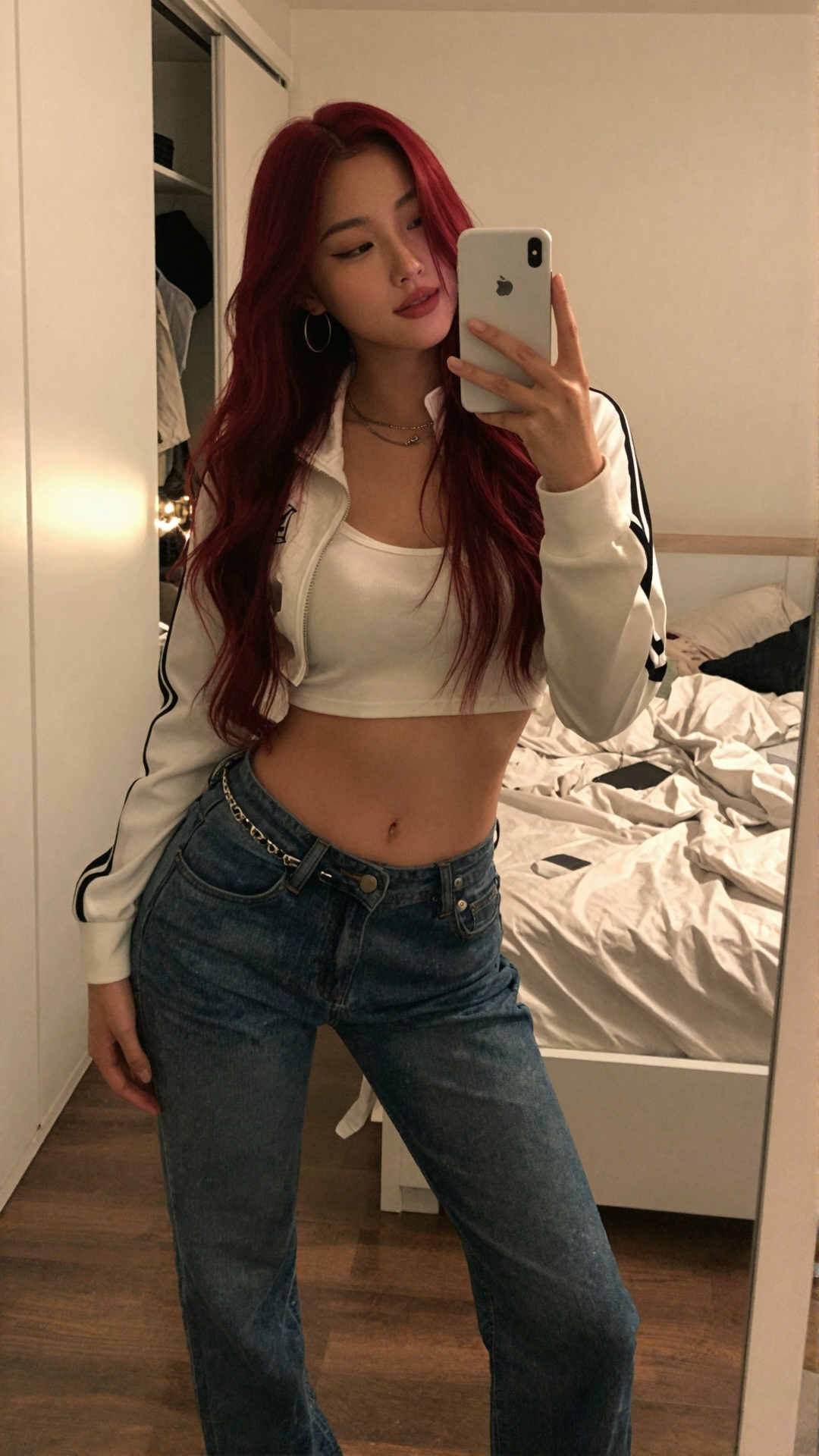 ******* mirror selfie captured on an early 2010s smartphone,  slightly tilted high angle,  imrt An East Asian woman on Ten...
