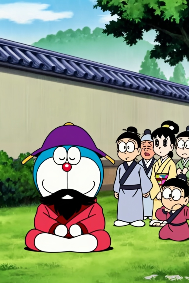 哆啦A梦动画风格,  In the picture,  Doraemon is wearing a red robe by 一起旅行 on Tensor.Art