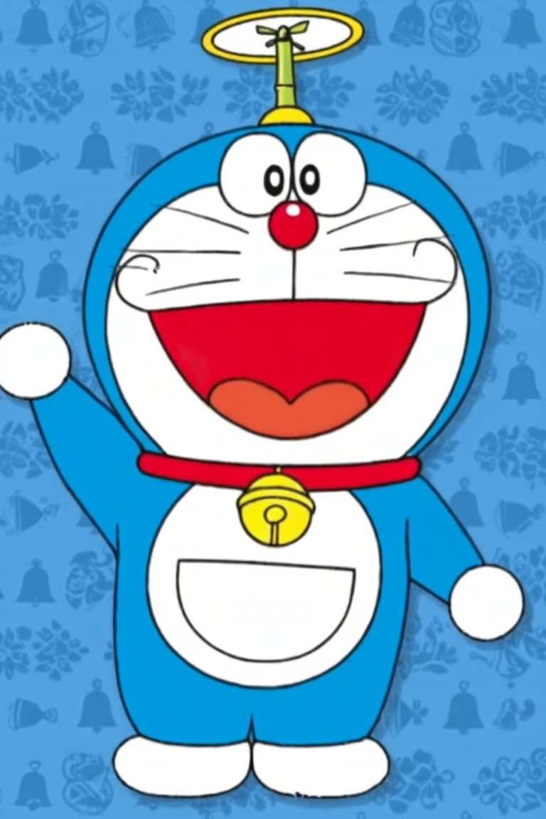 This is Doraemon from “Doraemon”. It has a classic round and chubby blue body,  white face and limbs. There’s a bamboo dra...