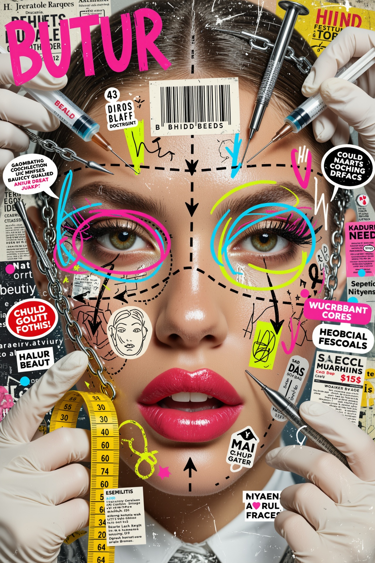 chaotic mixed-media beauty-culture collage built around a close-up photographic female face,  glossy skin,  intense eyes o...